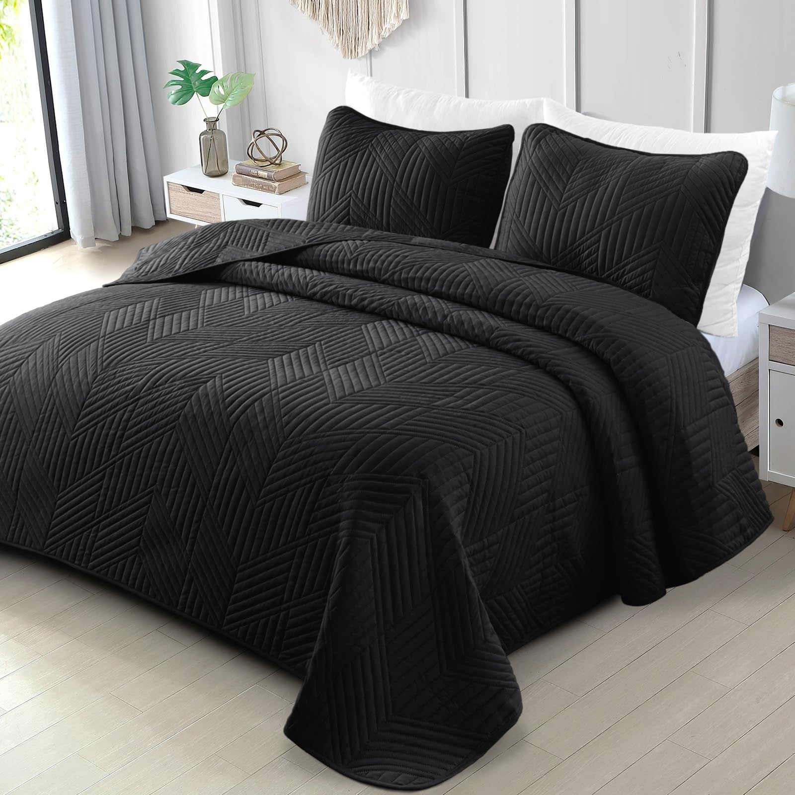 Exclusivo Mezcla Ultrasonic Full Queen Quilt Bedding Set, Lightweight Black Bedspreads Soft Modern Geometric Coverlet Set For Al